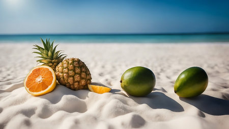 An AI-generated illustration of tropical fruits - mangoes and papayas - lying on a sandy beach with a tranquil blue ocean in the backgroundの素材