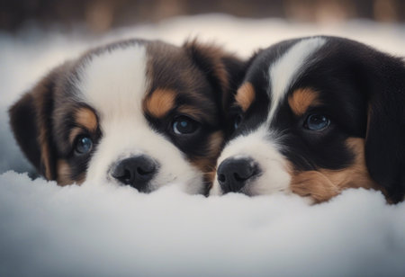 An AI generated illustration of Two adorable puppies in the snowの素材