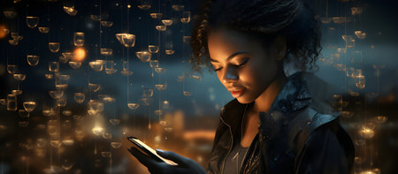 An AI generated illustration of A female adult is using her mobile phone in a dimly lit environmentの素材