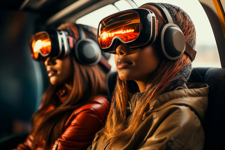 An AI generated illustration of Two female passengers wearing VR headsets while seated in an airplane cabinの素材