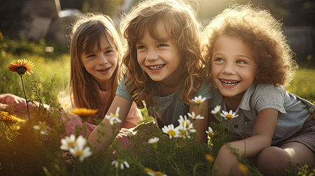 An AI-generated illustration of Three young children sitting in a lush green grassy field surrounded by colorful wildflowers on a sunny dayの素材