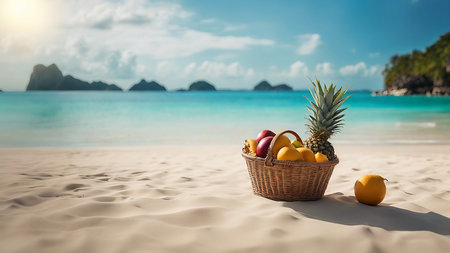 An AI generated illustration of A woven basket of assorted fresh fruits sits on a beach with a few oranges in the foregroundの素材