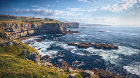 An AI generated illustration of rugged cliffs standing sentinel against a calm sea in a coastal symphonyの素材
