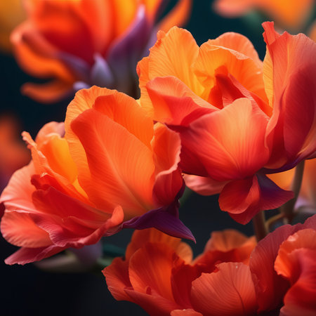 An AI generated illustration of Closeup of three bright orange flowers against a dark backgroundの素材