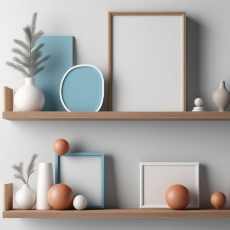 An AI generated illustration of An image of a variety of decorative vases, frames and eggs arranged atop wooden shelves against a gray wallの素材