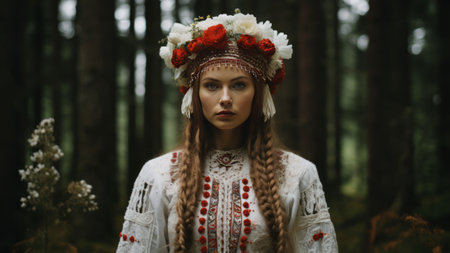 An AI-generated illustration of a young woman wearing an ethnic dress with a flower crownの素材