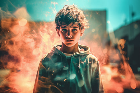 An AI generated illustration of a Young Boy looks out with haunted look in his eyes in a war zoneの素材