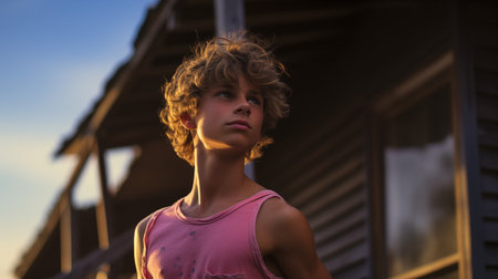 An AI generated illustration of a young boy, wearing a pink topの素材