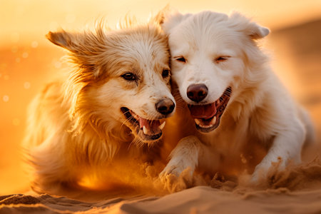 An AI generated illustration of two playful dogs running along a sandy beach at sunsetの素材