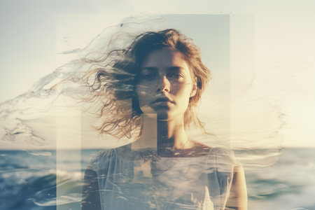 An AI-generated illustration of a Young woman with thoughtful, deep, contemplative expression by the oceanの素材