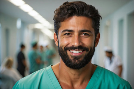 An AI generated illustration of Portrait of a young male doctor in a blue medical scrub suit, smiling and looking towards the cameraの素材