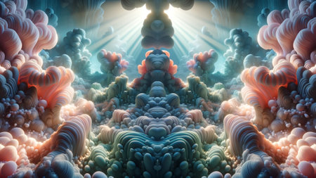 An AI generated illustration of An abstract landscape featuring a myriad of colorful shapes and hues of light, contrasted with natural rock formationsの素材