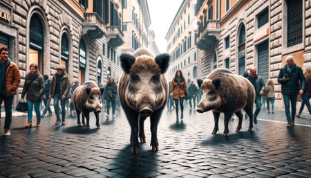 An AI generated illustration of An idyllic scene of a small town street, with a group of pigs walking together along the cobbled pavementの素材