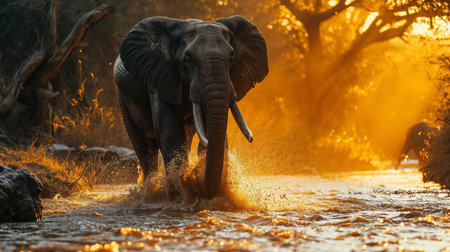 An AI generated illustration of an elephant walking through the shallow waters of a tropical lakeの素材