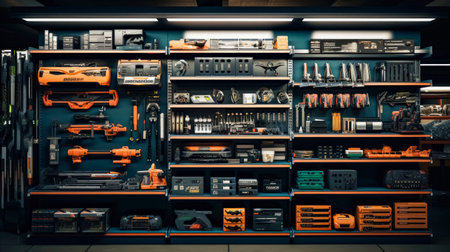 An AI-generated illustration of a selection of various tools organized neatly on shelves in a roomの素材