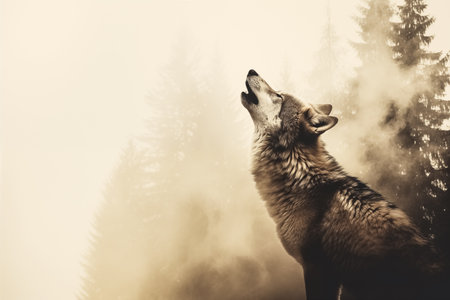 An AI generated illustration of A majestic gray wolf stands in a wooded area, gazing up towards the skyの素材