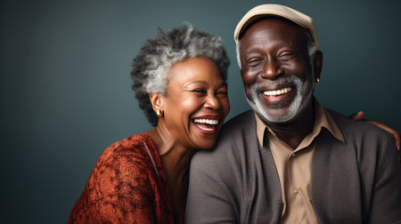 An AI generated illustration of an elderly couple sitting and laughing against a gray backgroundの素材