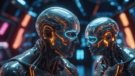 An AI generated illustration of A close-up of two people smiling at each other, wearing glassesの素材