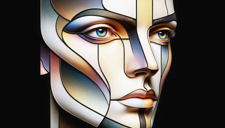 An AI generated illustration of a face with metallic segments in various shadesの素材