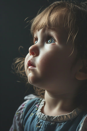 An AI generated illustration of a young toddler, with bright red hair, wearing a pair of blue overalls, is looking up in a curious mannerの素材