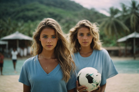 An AI generated illustration of two young female friends standing side by side in casual t-shirtsの素材