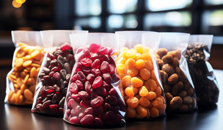 An AI generated illustration of A white table top is filled with a variety of nut-filled bags, as well as loose nutsの素材