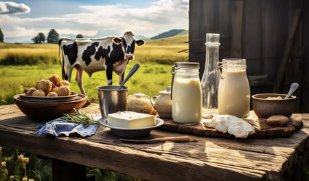 An AI generated illustration of A black and white cow is standing in a lush green field, with a wheel of cheese and a block of butter beside itの素材