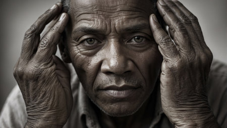 An AI generated illustration of a thoughtful African American male stands with hands on his faceの素材