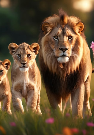 An AI generated illustration of a portrait of lions in a savannahの素材