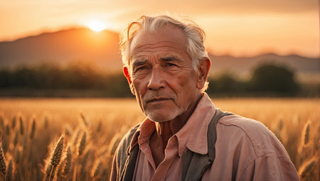An AI generated illustration of an elderly Caucasian male in a golden barley fieldの素材