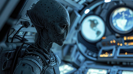An AI generated illustration of an extraterrestrial being in a spacecraft hovering above earthの素材