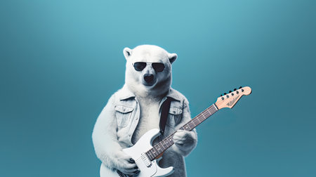 An AI generated illustration of an adorable polar bear holding an electric guitar and wearing a pair of stylish sunglassesの素材