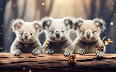 An AI generated illustration of a group of koalas in a forest, looking curious and concentrated, animals conceptの素材