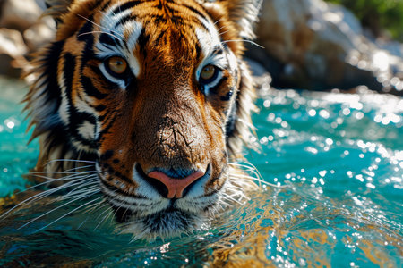 An AI generated illustration of a Bengal tiger swimming in a lakeの素材