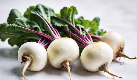 An AI generated illustration of a vibrant close-up of fresh radishes with their leafy greensの素材