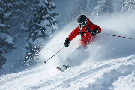 An AI generated illustration of A handsome male skier gliding down a picturesque winter mountainscape, surrounded by snow-laden trees and fresh powderの素材
