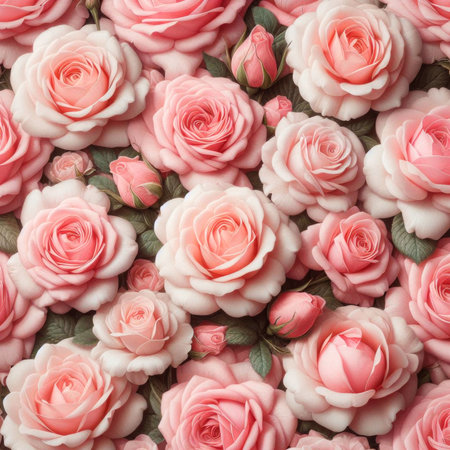 An AI generated illustration of Delicate pink roses background. Full frame.の素材