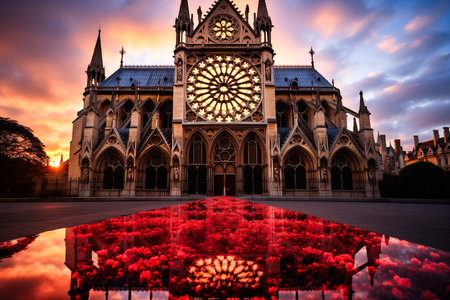 An AI generated illustration of a Notre Dame gothic-style church with modern glass walkway reflecting remembrance poppiesの素材