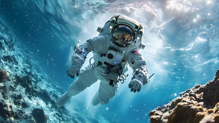 An AI illustration of a space-suited astronaut floating in the water.の素材