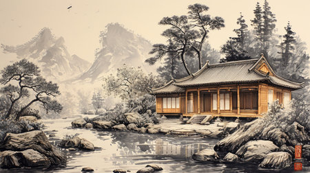 An AI generated illustration of an Asian landscape with a cabin, waterfall, river, mountains and forestの素材