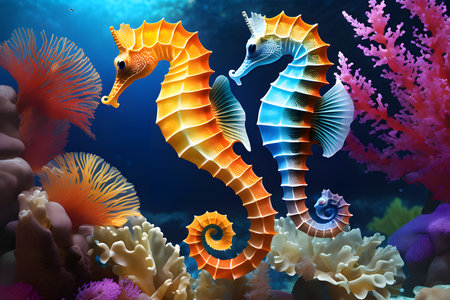 An AI generated illustration of a courtship of seahorses, with marine life swimming in the backgroundの素材