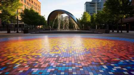 An AI illustration of a large colorful mosaic artwork on the ground in front of a modern city fountain.の素材
