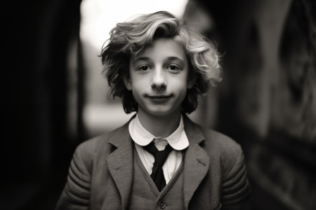 An AI generated illustration of A young Caucasian boy in formal attire, wearing a navy blue blazer and a striped tieの素材