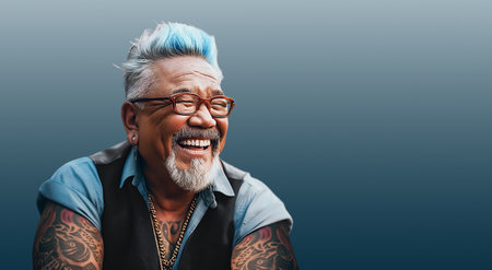An AI generated illustration of Muscular Afro Asian senior with tattoos and blue hair. He laughs with joy. Isolated. Generative AI.の素材