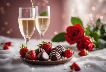 An AI generated illustration of Valentine's Day strawberries, chocolate and champagneの素材