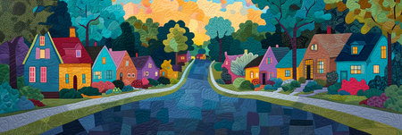 An AI generated illustration of a road lined with vibrant houses and treesの素材