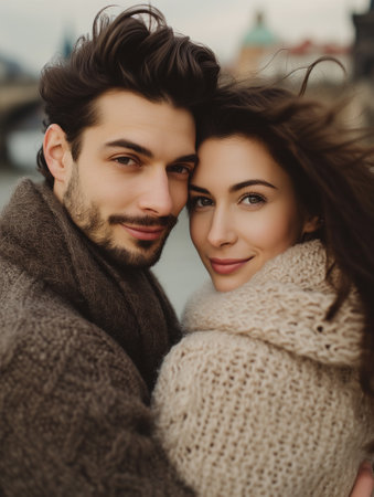 An AI-generated illustration of a young couple elegantly posing by the serene riverbankの素材