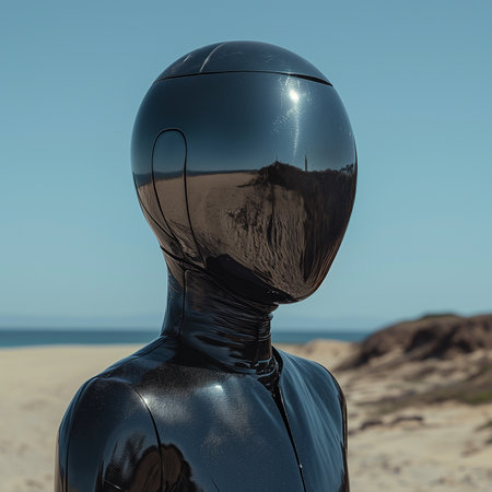 An AI generated illustration of a figure in a sleek black reflective latex suitの素材