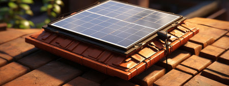 An AI generated illustration of An eco-friendly solar-powered cell phone is placed strategically on the surface of a wooden crateの素材