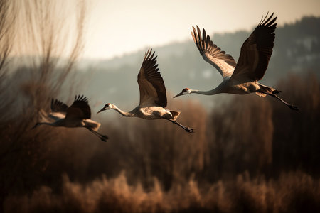 An AI illustration of cranes gracefully soaring through the sky over a lush and vibrant forest.の素材